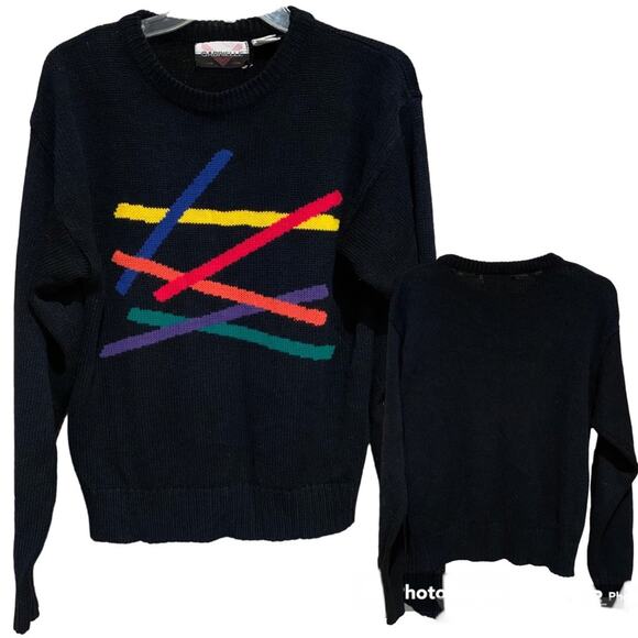 VINTAGE 80's Funky Retro Color Print Crew Neck Sweater By Gabrielle NY Black - M - Picture 1 of 9